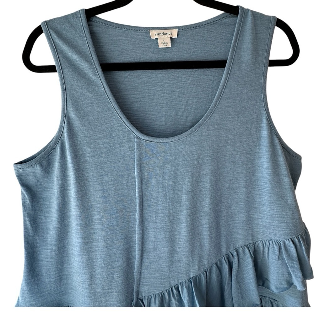 SUNDANCE NWOT AZIZA COTTON ASYMMETRICAL RUFFLE TOP SCOOP NECK BLUE | LARGE - Picture 2 of 7